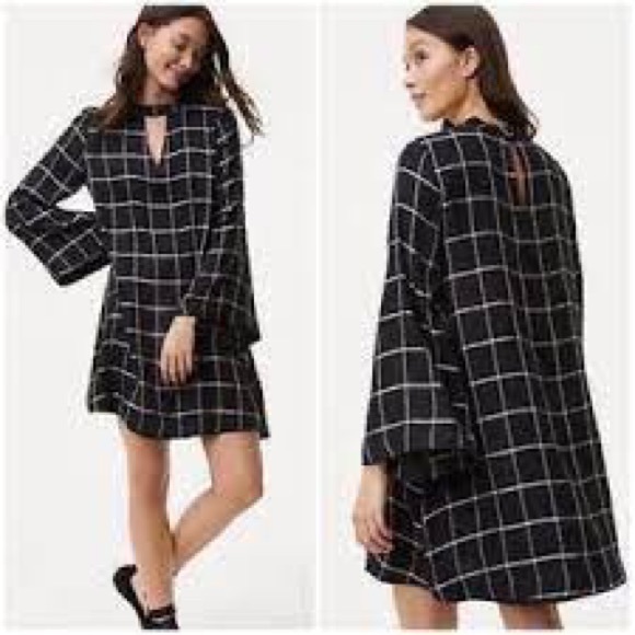 LOFT windowpane black white flare long sleeve shift dress mod 60s, size medium - Picture 2 of 8